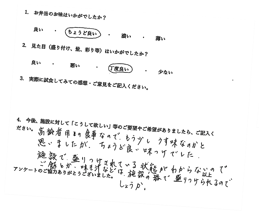 ご利用施設様の直筆アンケート用紙（6枚目）
